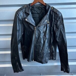 Womens Black Leather Motorcycle Jacket Biker Moto Full Zip Snap Button Rock Edgy